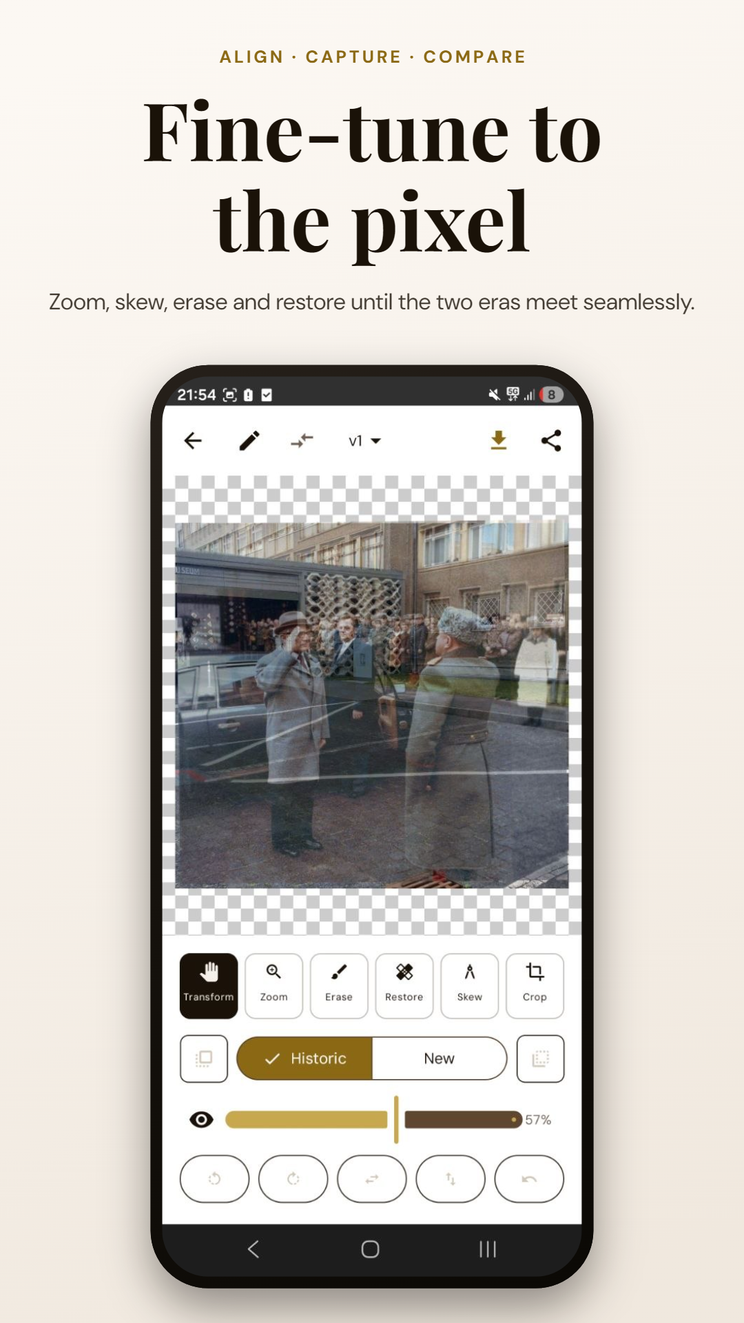 Fine-tune to the pixel — the Pro editor with zoom, skew, erase and crop